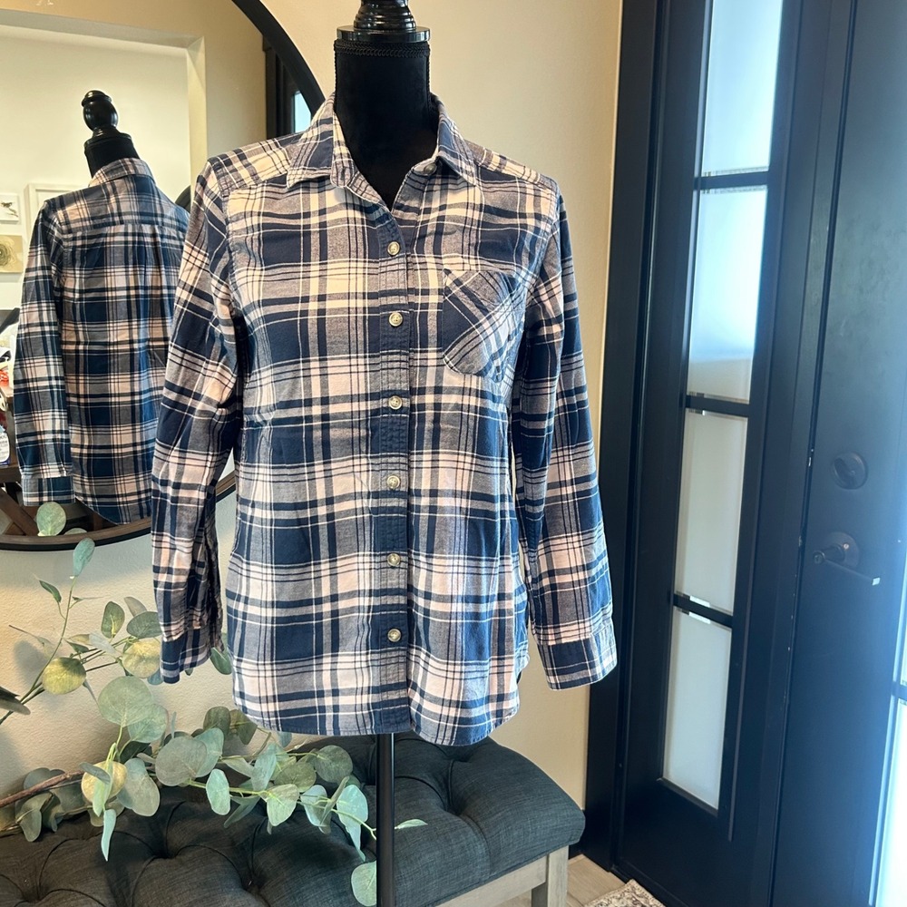 Eddie Bauer Womens Blue White Plaid Cotton Flannel Button Down Shirt XS 23801291